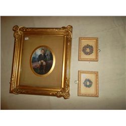 Needle point pictures and 1 picture of a young boy (oil)