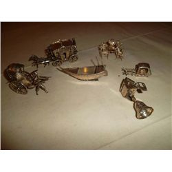 Sterling silver miniatures Angels playing cards; stage coach, boat, rickshaw, oxen and cart