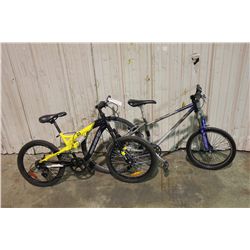 2 BIKES: GREY NO NAME FRONT SUSPENSION MOUNTAIN BIKE & YELLOW KRANKED FULL SUSPENSION MOUNTAIN BIKE