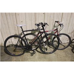 2 BIKES: RED INFINITY MOUNTAIN BIKE AND BLACK HARO HYBRID STYLE BIKE