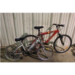 2 BIKES: RED CCM FRONT SUSPENSION MOUNTAIN BIKE & GREY TECHTEAM FRONT SUSPENSION MOUNTAIN BIKE