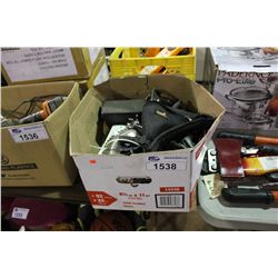 BOX AND BIN OF ASSORTED TOOLS