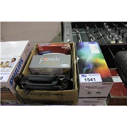2 WIRELESS BLUETOOTH SPEAKERS AND BOX OF ELECTRONICS