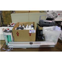 BOX OF SPA CLEANERS. PRINTER, ELECTRICAL ITEMS AND SIGN