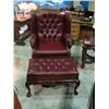 Image 1 : HEAVILY CARVED MAHOGANY  WITH LION HEAD ARM REST AND BALL AND CLAW FOOT RED LEATHER UPHOLSTERED