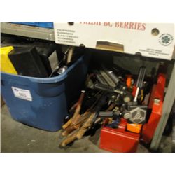 LARGE LOT OF ASSORTED TOOLS; RED TOOLBOX AND CONTENTS, BUNDLE OF HAND SAWS, BLUE RUBBER BIN OF