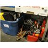 Image 1 : LARGE LOT OF ASSORTED TOOLS; RED TOOLBOX AND CONTENTS, BUNDLE OF HAND SAWS, BLUE RUBBER BIN OF