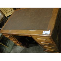 VINTAGE DOUBLE PEDASTOL MAHOGANY LEATHER TOP DESK FEATURES DOVE TAIL CONSTRUCTION ON DRAWERS