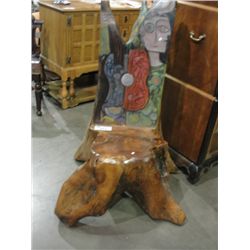 ORGANIC SOLID ROOT WOOD CRAFTED CHAIR WITH HAND PAINTED BACK BY ARTIST FARI ALDIN