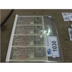 AUTHENTIC WWII NAZI GERMAN EAGLE AND SWASTIKA BILLS X4