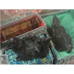 2 ORIENTAL WOOD CARVINGS AND A STONE CARVED WAX SEAL STAMP