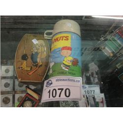 VINTAGE PEANUTS COMIC STRIP THERMOS AND A RILEYS TOFFEE TIN COLLECTORS BOX