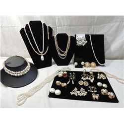 BOX LOT PEARL STYLE EARRINGS & NECKLACES