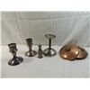 Image 1 : LOT 4 BRASS METAL CANDLE HOLDERS, DISH WITH COVER