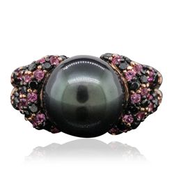 14KT Rose Gold Pearl, Pink Sapphire and Black Diamond Ring