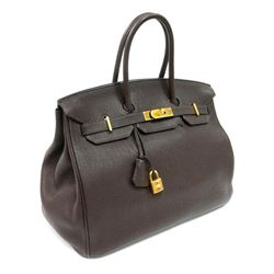 Authentic Vintage Hermes 35cm Birkin Bag in Chocolate Clemence Leather with Gold Hardware