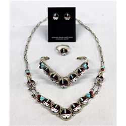 Zuni Silver Inlay Necklace Earrings and Bracelet