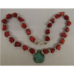 Navajo Sterling Red Coral Turquoise Necklace