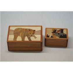 2 Alaskan Scene Wooden Marquetry Trinket Boxes