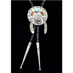 Navajo Silver Turquoise Coral Bear Bolo Tie