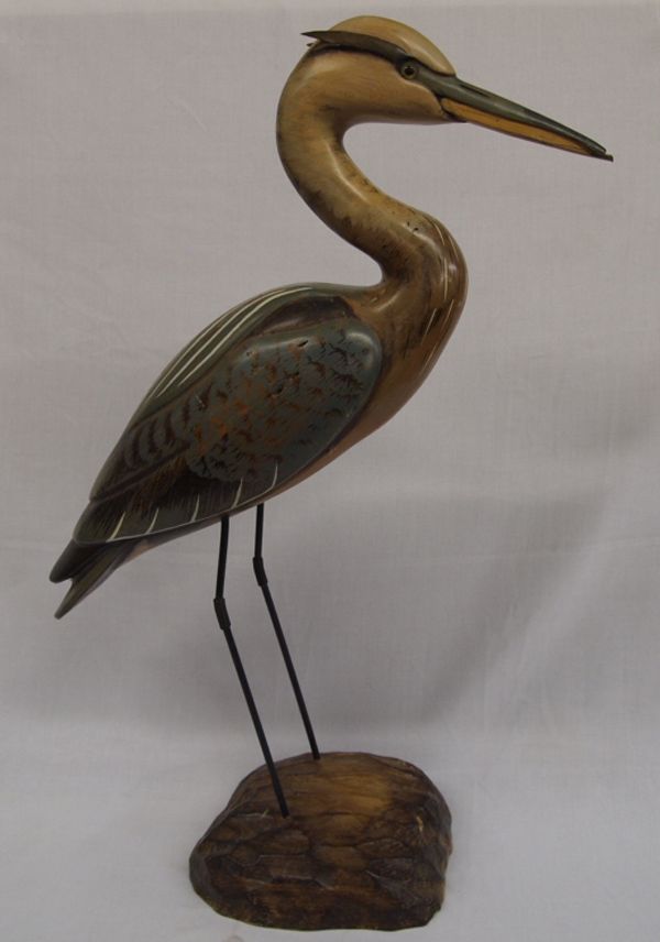Carved Wooden Heron Sculpture by Taber & Kyle