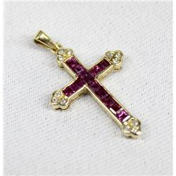14K Solid Gold, Ruby, and Diamond Cross Pendant