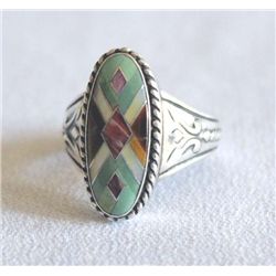Large Western Sterling Mosaic Ring, Size 10