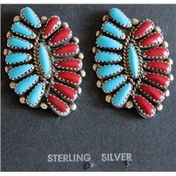 Zuni Sterling Silver Turquoise & Coral Earrings