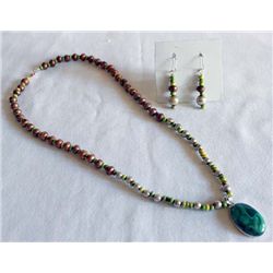 Western Silver Copper Malachite Necklace Earrings