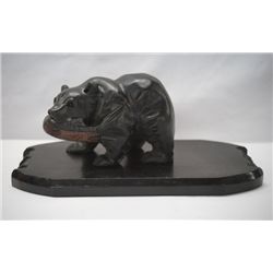 Hand Carved Wooden Bear with Fish on Wooden Stand