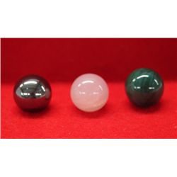 3 Marbles:  Malachite, Rose Quartz, Hematite