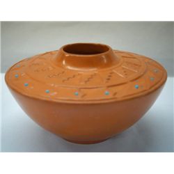 Navajo Inlay Turquoise Cabochon Pottery Jar