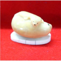 Tagua Nut Seal & Pup Carving atop Bone Ivory Base