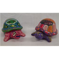 Pr Mexican Hand Painted Pottery Turtle Boxes