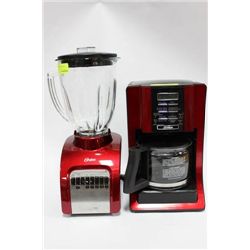 BOX W/ RED SUNBEAM COFFEE MAKER AND OSTER BLENDER