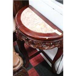 WOOD CARVED STONE TOP HALF MOON SIDETABLE