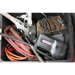 BLACK BIN W/ BOOSTER CABLES, CABLE COME-ALONG,