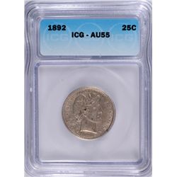 1892 BARBER QUARTER, ICG AU-55  NICE