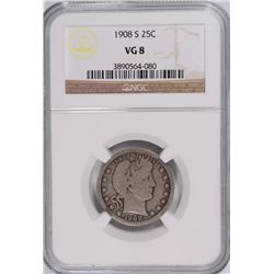 1908-S  BARBER QUARTER, NGC VG-8  SCARCE DATE!