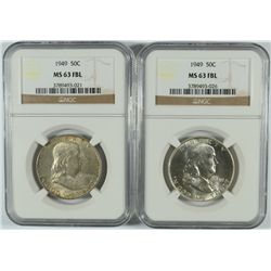 LOT OF ( 2 ) 1949 FRANKLIN HALF DOLLARS, NGC MS-63 FBL