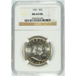 1951 FRANKLIN HALF DOLLAR, NGC MS-64 FBL