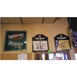 Coors light/2 Big Rock & Western Pilsner metal signage plus blackboard & small display shelf and mir