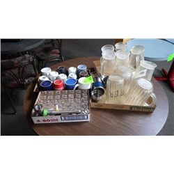 4 trays variety of pitchers, 13 cofee mugs, 26 shooter glasses & 11 bar trays