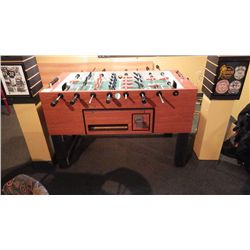 Dynamo fuse ball table with raised corners on table portion. Coin operated with key.