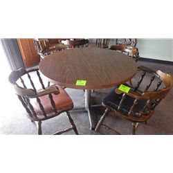 1 round centered laminate pedestal table with metal pedistal