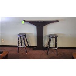 Wall table with cue holder and 2 wood stools