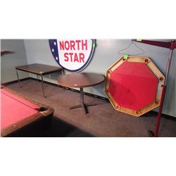 Three pieces in total 6ft metal table,  round centre pedestal table plus poker table top.