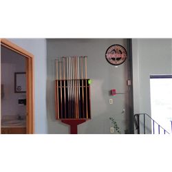 Pool cue rack with 12 pool cues and 1 traditional Big Rock plaque