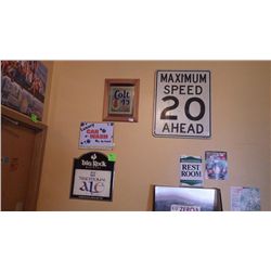 Five pieces Big Rock ale, Luxury Car Wash signs, colt 45 framed plaque, registered rest room Texaco 