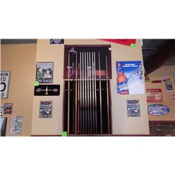 Pool cue rack with 9 pool cues and 4 rests